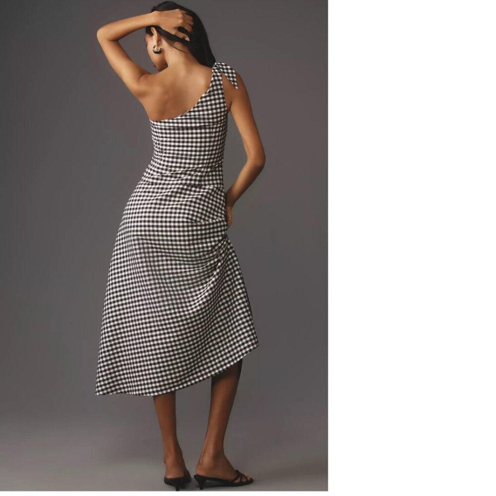 By Anthropologie One-Shoulder Gingham Midi Dress LP PL  black color - Picture 4 of 7